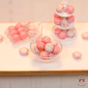 1:12 Miniature Macarons Pink & White Pearl 8pc, Peppermint Macaroons for One Inch Scale Dollhouse, Miniature French Macaron Cookies image 6