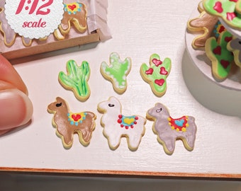 1:12 Miniature Cookies - Llamas (6pc), Mini Sugar Cookies for One-Inch Scale Dollhouse, Miniature Box of Cookies, Dollhouse Food