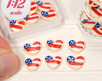 1:12 Miniature Cookies - American Flag Hearts  (6pc), One Inch Scale Patriotic 4th July Cookies for Dollhouse,  Miniature Cookie Box