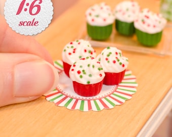 1:6 Miniature Cupcakes - Red & Green Sprinkles (3pc), Mini Christmas Cupcakes for 12-inch Dolls or Playscale Dollhouse