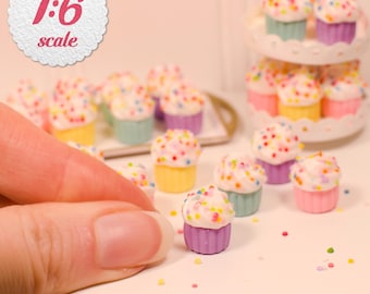 1:6 Miniature Cupcakes - Vanilla w/ Sprinkles, Playscale Doll Cupcakes