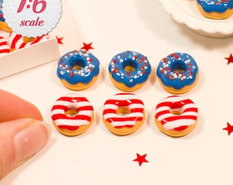 1:6 Miniature Donuts - Patrotic Mix (6pc), Playscale Doughnuts for Dollhouse or Fashion Doll, American Independence Day, Memorial Day Food