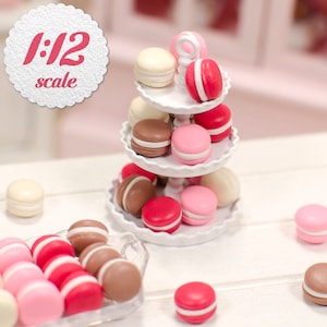 1:12 Miniature Macarons - Pink, Vanilla, Chocolate (8pc), Macarons for Dollhouse, Miniature French Macaroon Cookies