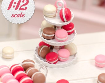 1:12 Miniature Macarons - Pink, Vanilla, Chocolate (8pc), Macarons for Dollhouse, Miniature French Macaroon Cookies