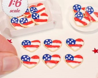 1:6 Scale Miniature Cookies - American Flag Hearts (6 pc) Mini Patriotic 4th of July Cookies for Playscale Dollhouse