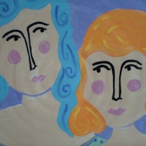 May include: Two painted faces with whimsical features. The woman on the left has blue hair and pink cheeks. The woman on the right has orange hair and pink cheeks. Both women have black eyes and black lines for noses and mouths.