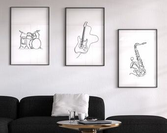 Set of 3 Music Art, Modern Music Posters, Guitar Wall Print, Drums Wall Print, Sax Wall Print, Music Lover Gift, Printable Music Themed Arts