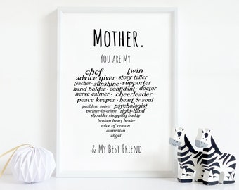 Printable Gift for Mom, Mother's Day Poster, Mother Word Art, Mother Love Print, Dedicated to Mom Art, Heart Love Words Print Art Download