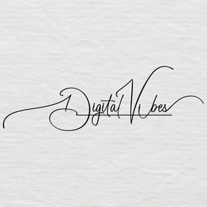 Puede incluir: Logotipo escrito a mano en tinta negra sobre fondo blanco. El logotipo dice "Digital Vibes".