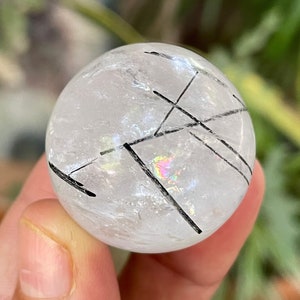 Beautiful Polished Natural Quartz Sphere Natural Colourful Rainbow With Natural Black Tourmaline Needles.