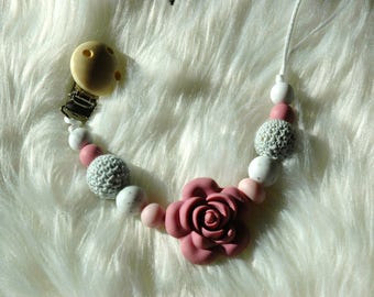Rose Pacifier Clip- Pink and Gray