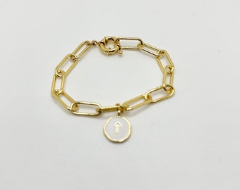 Pulsera de cadena con clip de oro: dije de cruz blanca, joyería religiosa