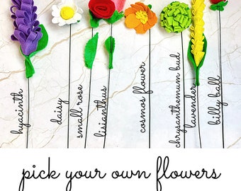 Felt Wild Flower Stems for Flower Arrangements - Felt Hyacinth, Lavender, Billy Ball, Cosmos Flower, Rose, Chrysanthemum, Lisianthus & Daisy