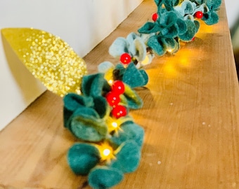 Christmas Eucalyptus Garland with Fairy Lights in Two Tones of Green Felt and Glitter Leaves