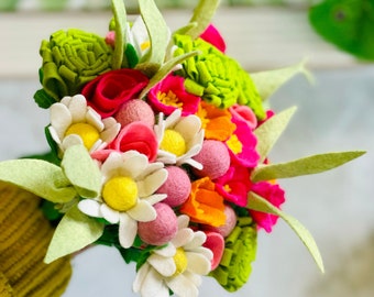 Bright Felt Wild Flower Bunch in Pinks, Yellows & Greens with Grasses