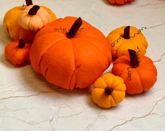 Set of Seven Halloween / Thanksgiving Harvest Felt Pumpkins Autumn / Fall Decorations