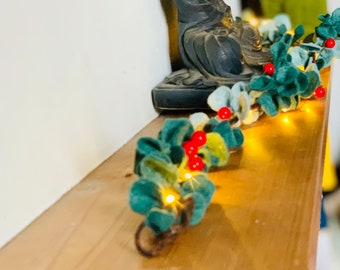 Christmas Eucalyptus Garland with Fairy Lights in Two Tones of Green Felt and Berries
