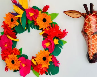 Summer Wreath with Tropical Felt Flowers for Front Door or Wall Art