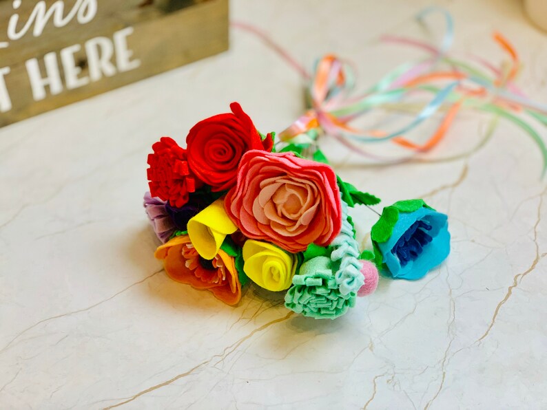 Informal Pastel Rainbow Wedding Bouquet in Felt with Ribbons