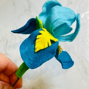 May include: A felt flower craft in the shape of an iris. The flower is blue and green with a yellow center.