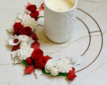 Scandinavian Red and White Christmas Half Wreath with Felt Flowers and Glitter Holly