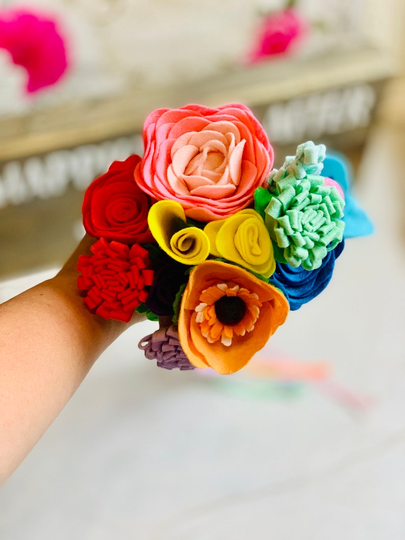 Informal Pastel Rainbow Wedding Bouquet in Felt with Ribbons