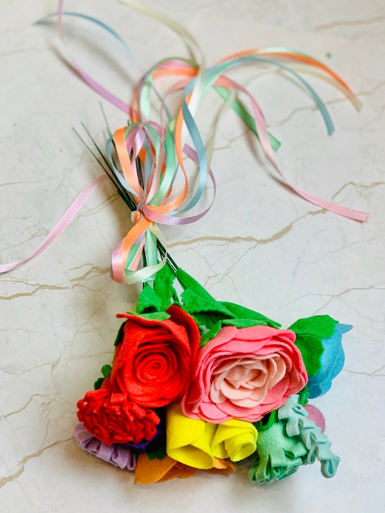 Informal Pastel Rainbow Wedding Bouquet in Felt with Ribbons