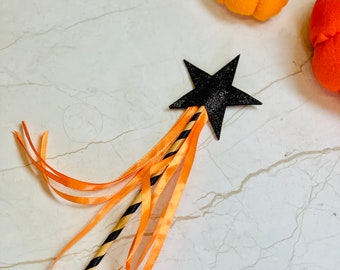 Halloween Fairy Wand: Black Glitter Star, Orange Ribbons, Witch Wizard Costume