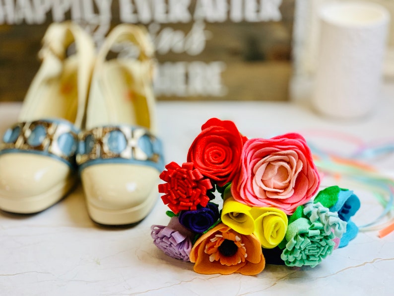 Informal Pastel Rainbow Wedding Bouquet in Felt with Ribbons