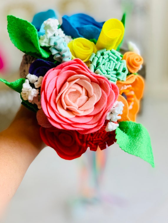 Informal Pastel Rainbow Wedding Bouquet in Felt with Ribbons