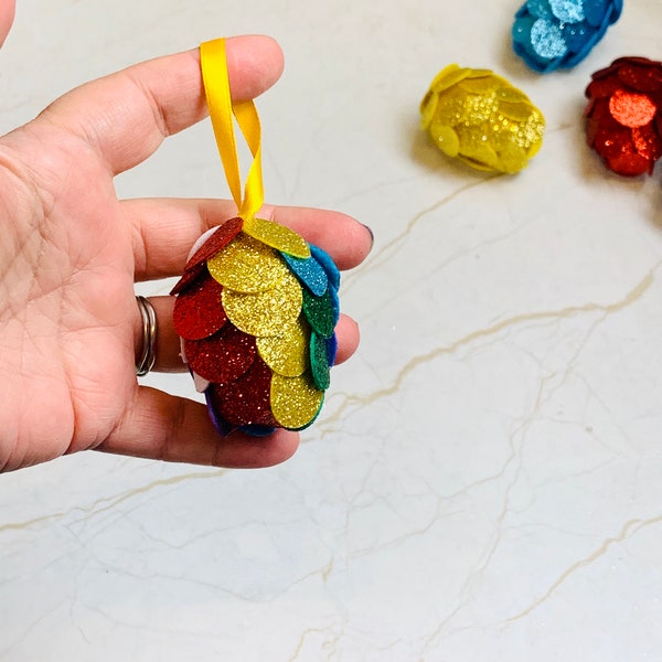 Rainbow Felt Glitter Pine Cones Tree Decoration (and other colours)