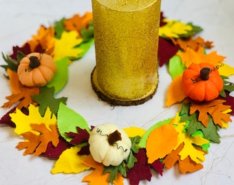 Halloween Thanksgiving Autumn Wreath with Mini Pumpkins and Felt Leaves - in a range of colours