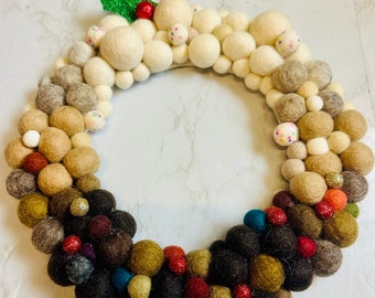 Christmas Pudding Wreath with Brown, White and Glitter Felt Balls