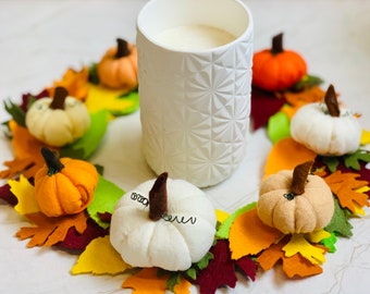 Halloween Thanksgiving Autumn Wreath with Mini and Small Pumpkins and Felt Leaves