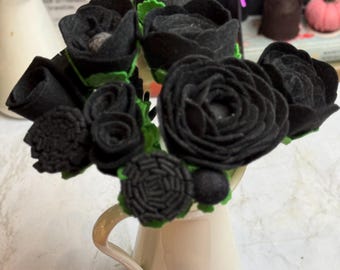 Black Felt Flower Bouquet, Monochrome Home Decor - Handmade Felt Flowers