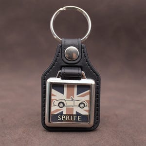 Austin Healey Frogeye Sprite Keychain - Leatherette & Chrome Classic British Car Keyring