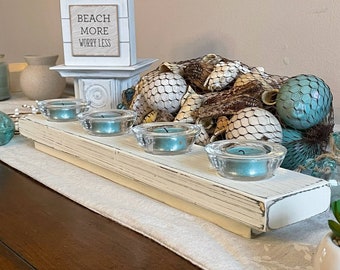 Farmhouse Reclaimed Solid Wood Candle Holder with Glass Tea Light Holders / Riser / Country / Cottage