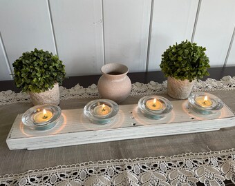 Farmhouse Wood Wave Candle Holder / Riser with Glass Tea Light Holders