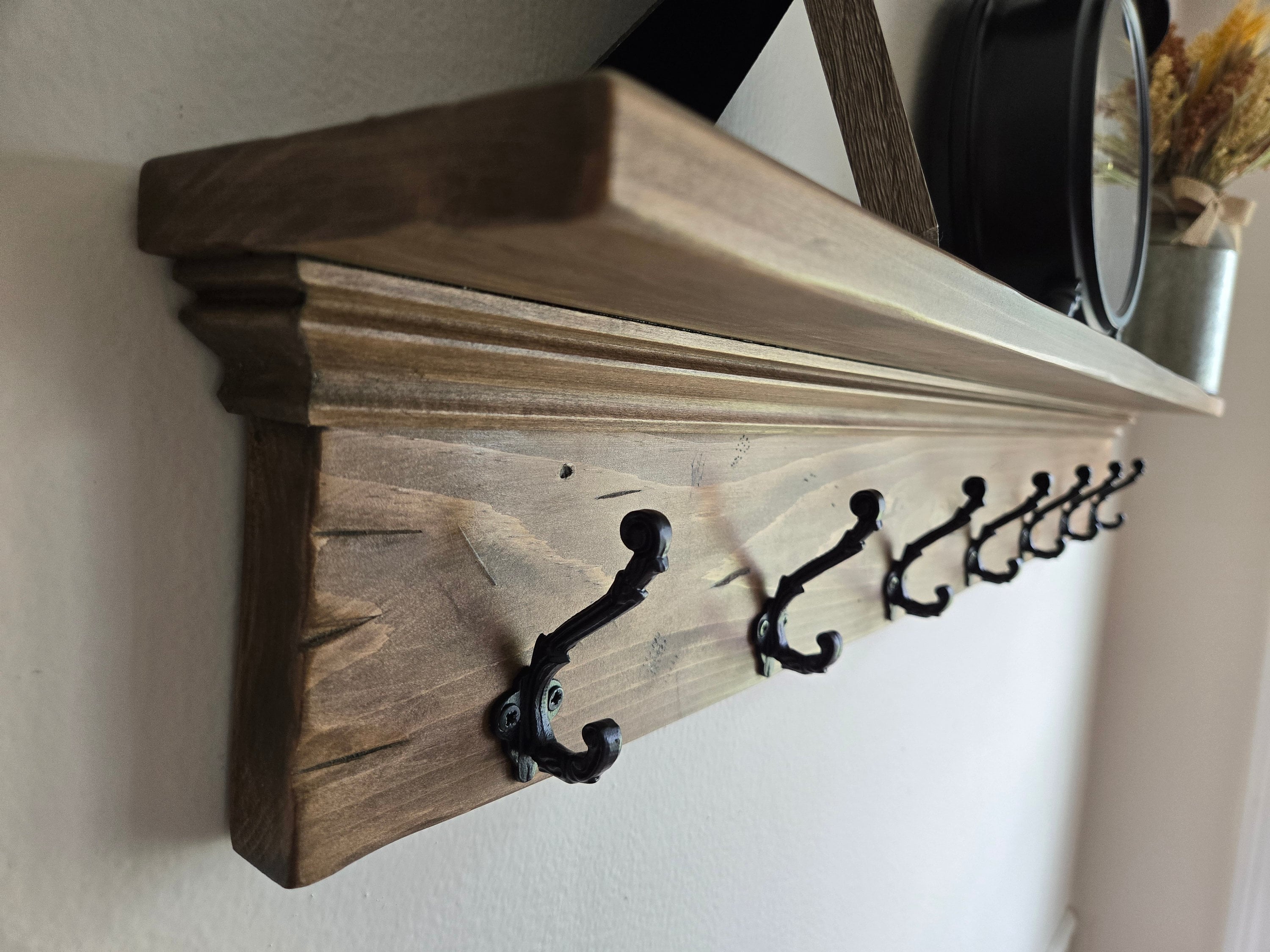 Coat Rack Wall Shelf Distressed With Black Vintage Style Double Hooks ...