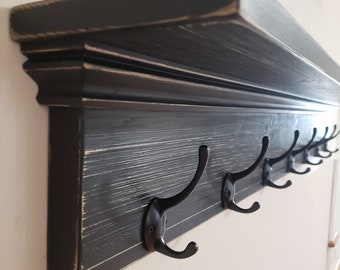 Coat Rack with 5 Inch Wall Shelf / Black Hooks / Farmhouse French Country / Home Decor Wall / Towel Rack / Free Shipping Included