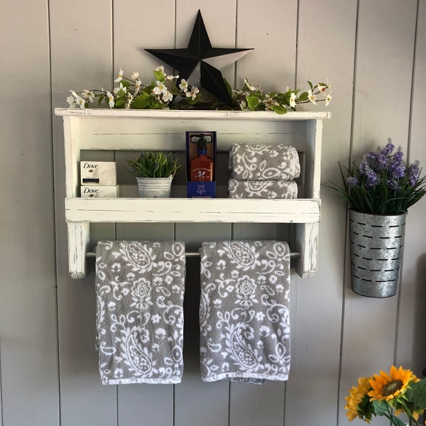 Towel Bar Shelf / Farmhouse Handcrafted / Solid Wood Distressed