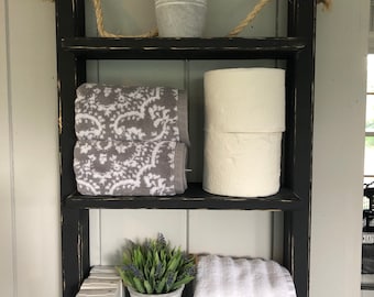 Ladder Rope Shelf Wood Farmhouse Distressed Decor