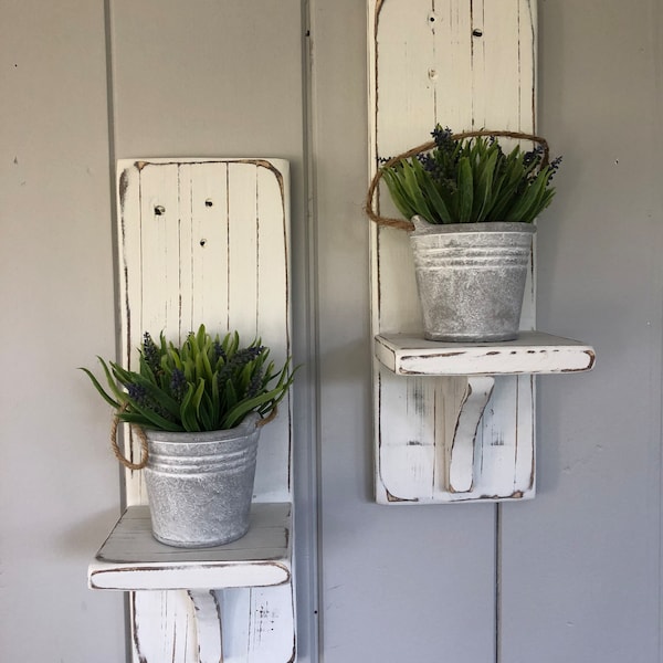 Solid Wood Wall Sconce Set / Farmhouse Home Wall Decor / Distressed Wood / French Country Shelf / Pair Set of 2 / Free Shipping