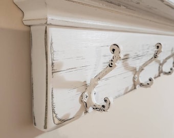 Coat Rack with Shelf / Vintage Style Hooks / Farmhouse French Country / Home Decor Wall / Towel Rack / Free Shipping Included