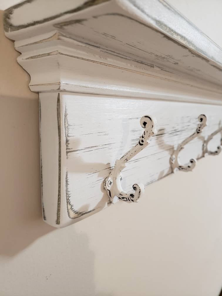 Coat Rack Wall Shelf 3" deep with Hooks / Farmhouse French Country / Home Decor / Coat Towel Rack / Free Shipping Included
