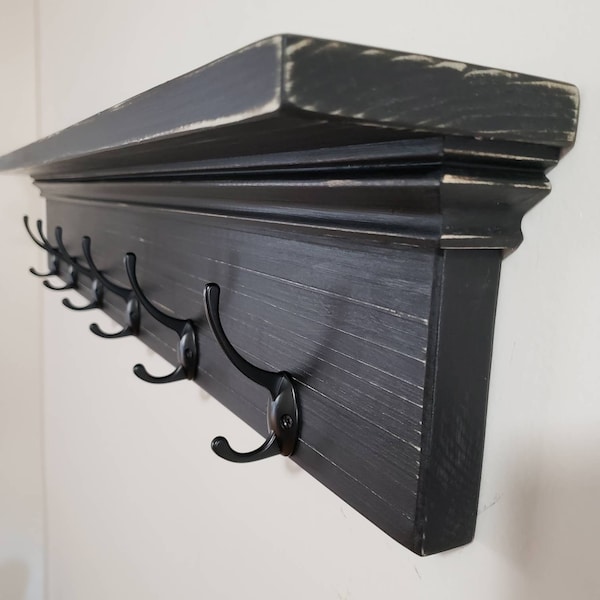 Coat Rack with 4 inch Shelf / Black Style Hooks / Farmhouse Country Home Wall Decor / Towel Rack with Shelf / FREE Shipping