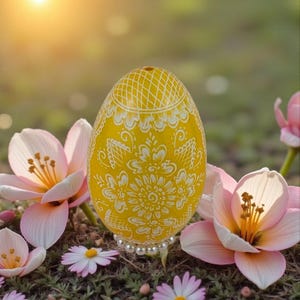 Könnte beinhalten: Ein gelbes Osterei mit aufwendigen weißen Blumenmustern und einer Perlenbasis. Das Ei ist von rosa und weißen Blumen umgeben und schafft eine frühlingshafte Szene. Das Design des Eis umfasst ein Gittermuster an der Oberseite.