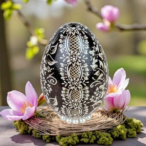 Könnte beinhalten: Ein dekoratives schwarzes Osterei mit weißen Blumenmustern, das auf einem Nest aus Zweigen und Moos ruht und mit Perlen verziert ist. Rosa Blüten und grünes Laub bilden einen weichen Hintergrund.