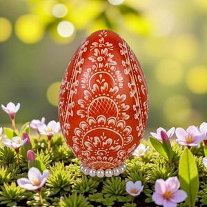 Könnte beinhalten: Ein dekoratives rotes Osterei mit aufwendigen weißen Blumenmustern. Das Ei ist mit einer Perlenbasis verziert und inmitten von Grün und kleinen rosa und weißen Blumen platziert, wodurch eine festliche Frühlingsszene entsteht.