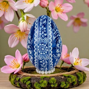 Può includere: Un uovo di Pasqua blu decorato con motivi floreali bianchi, appoggiato su un letto di muschio e perle. Fiori rosa con centri gialli e steli verdi circondano l'uovo, creando un'esposizione primaverile.